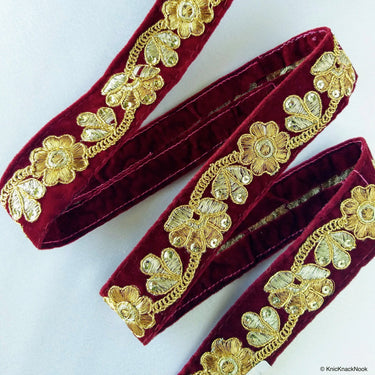 Burgundy / Green, Velvet Fabric Trim With Copper, Bronze & Gold Embroidery And Sequins